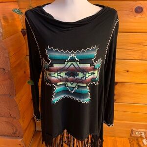 Double D Ranch Black Aztec Fringed Shirt Size XS